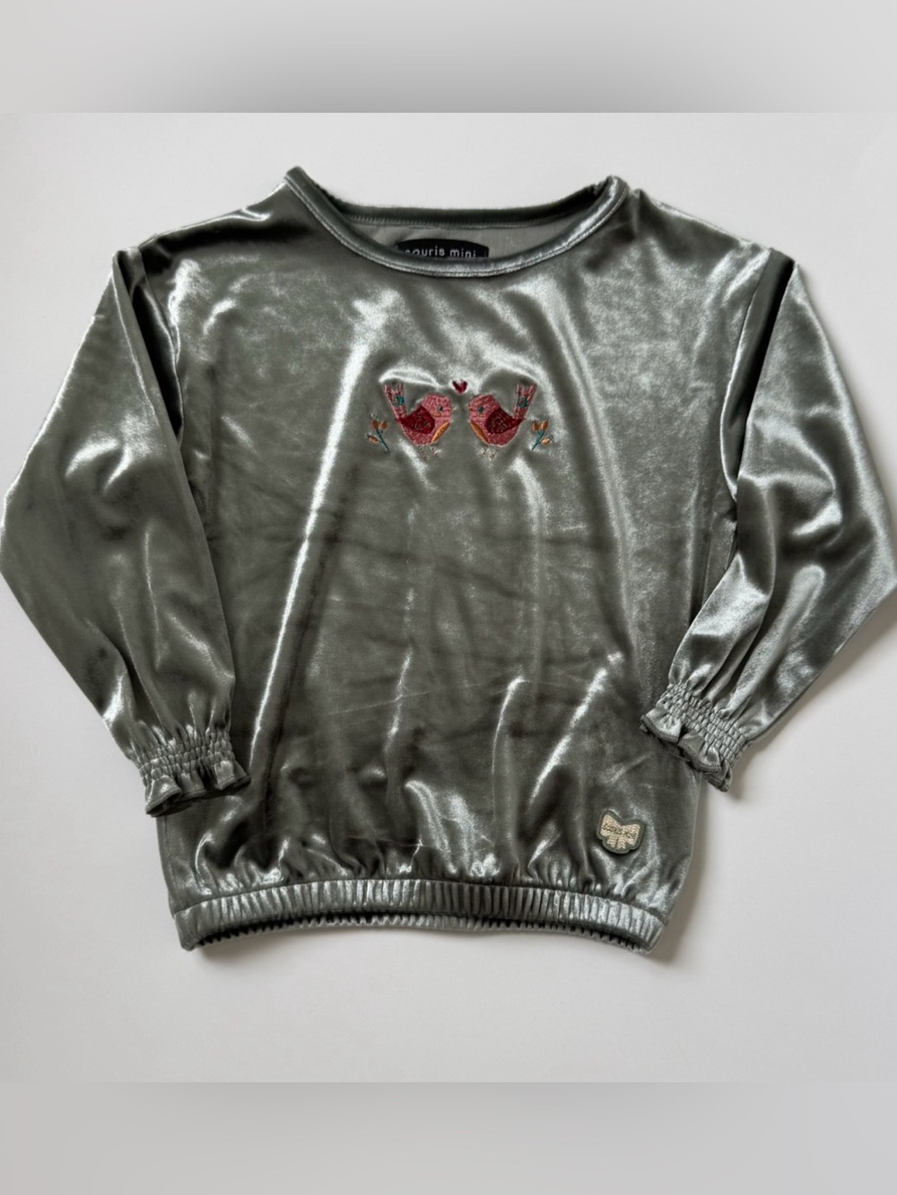 Souris Mini -  Girls' Velvet Pullover Top with Bird Embroidery - Sage Green